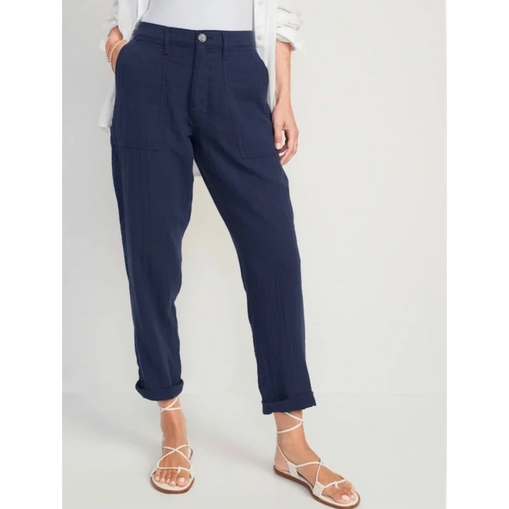 Old Navy Womens Slouchy Tapered Pant Size 12 Navy Blue Coastal Gauzy Cotton